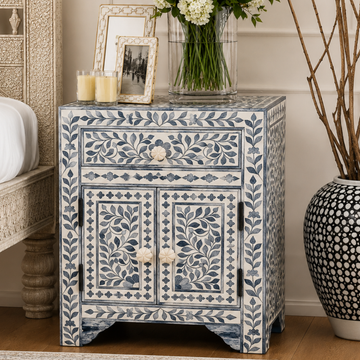 Handmade Blue Bone Inlay Bedside Cabinet with Drawer & Doors