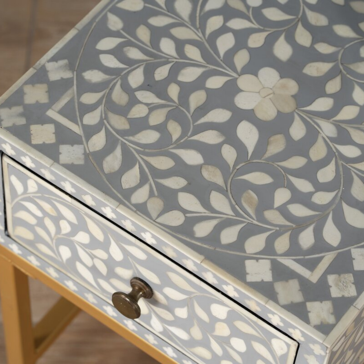 Grey Bone Inlay Bedside Table with Gold Iron Legs | Handmade Nightstand