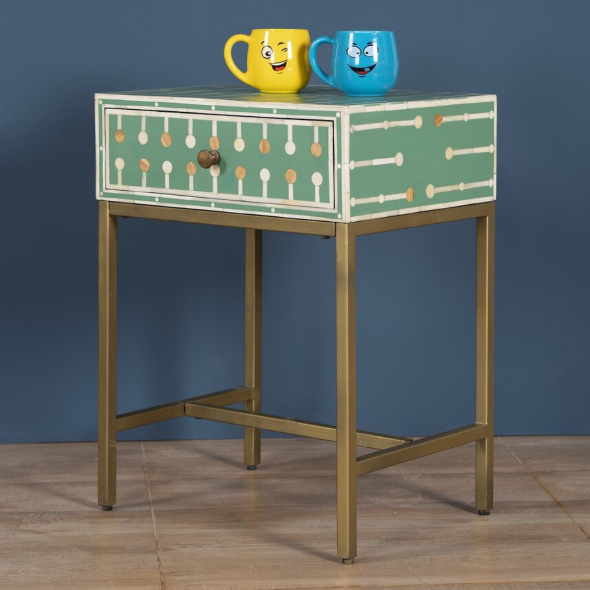 Mint Green Bone Inlay Bedside Table with Iron Legs | Handmade Nightstand