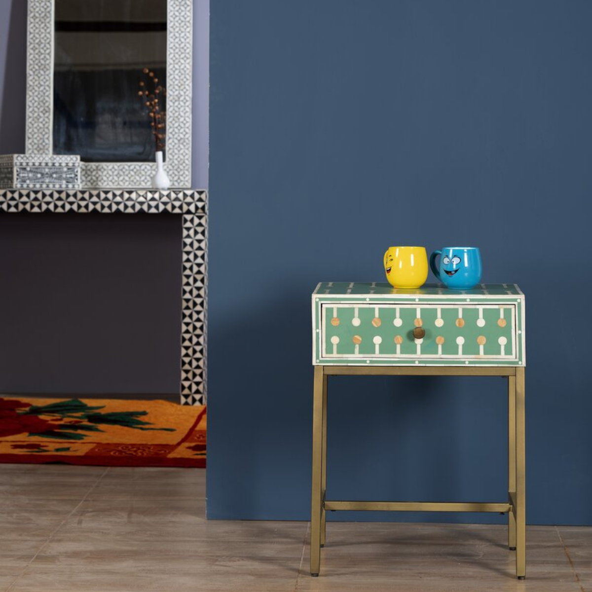 Mint Green Bone Inlay Bedside Table with Iron Legs | Handmade Nightstand