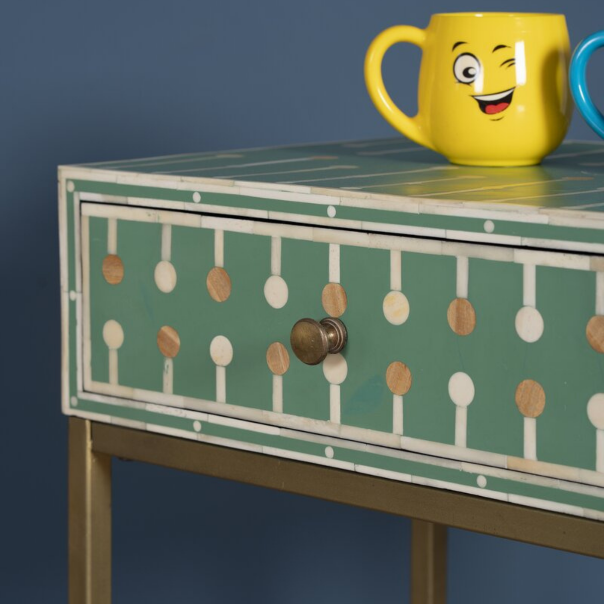 Mint Green Bone Inlay Bedside Table with Iron Legs | Handmade Nightstand