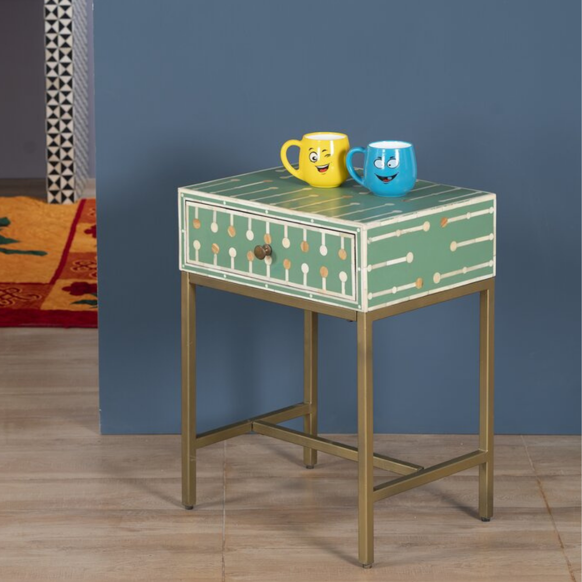 Mint Green Bone Inlay Bedside Table with Iron Legs | Handmade Nightstand