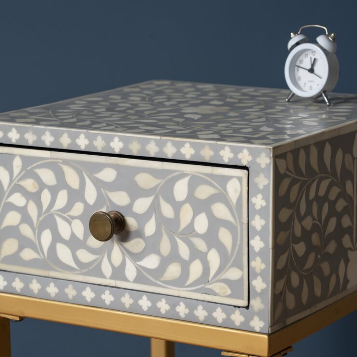 Grey Bone Inlay Bedside Table with Gold Iron Legs | Handmade Nightstand