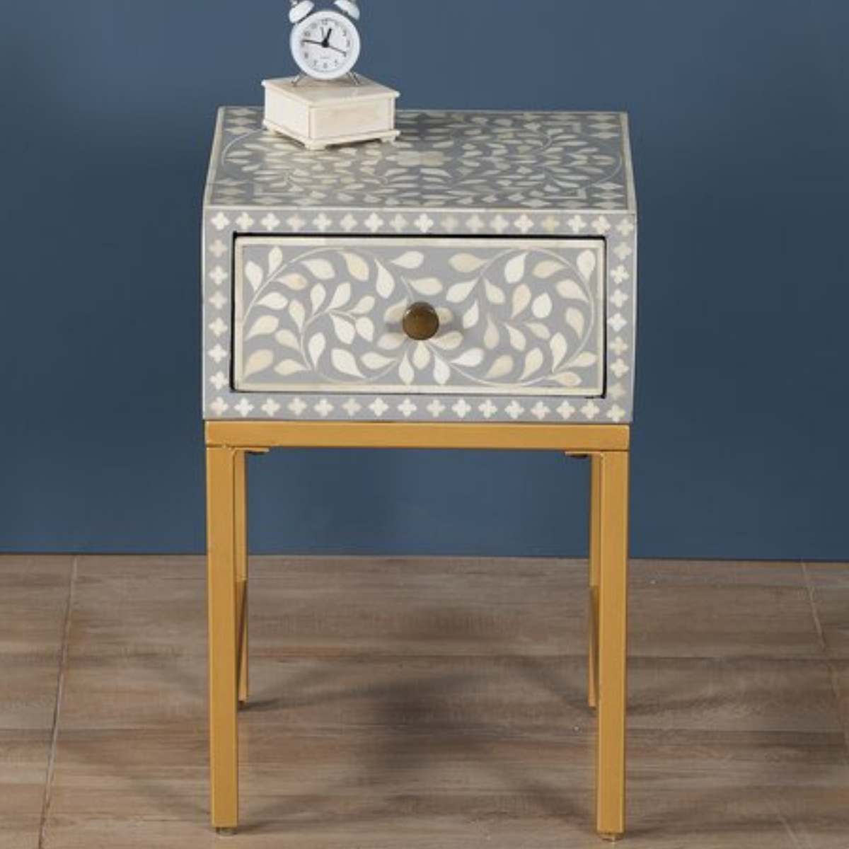 Grey Bone Inlay Bedside Table with Gold Iron Legs | Handmade Nightstand