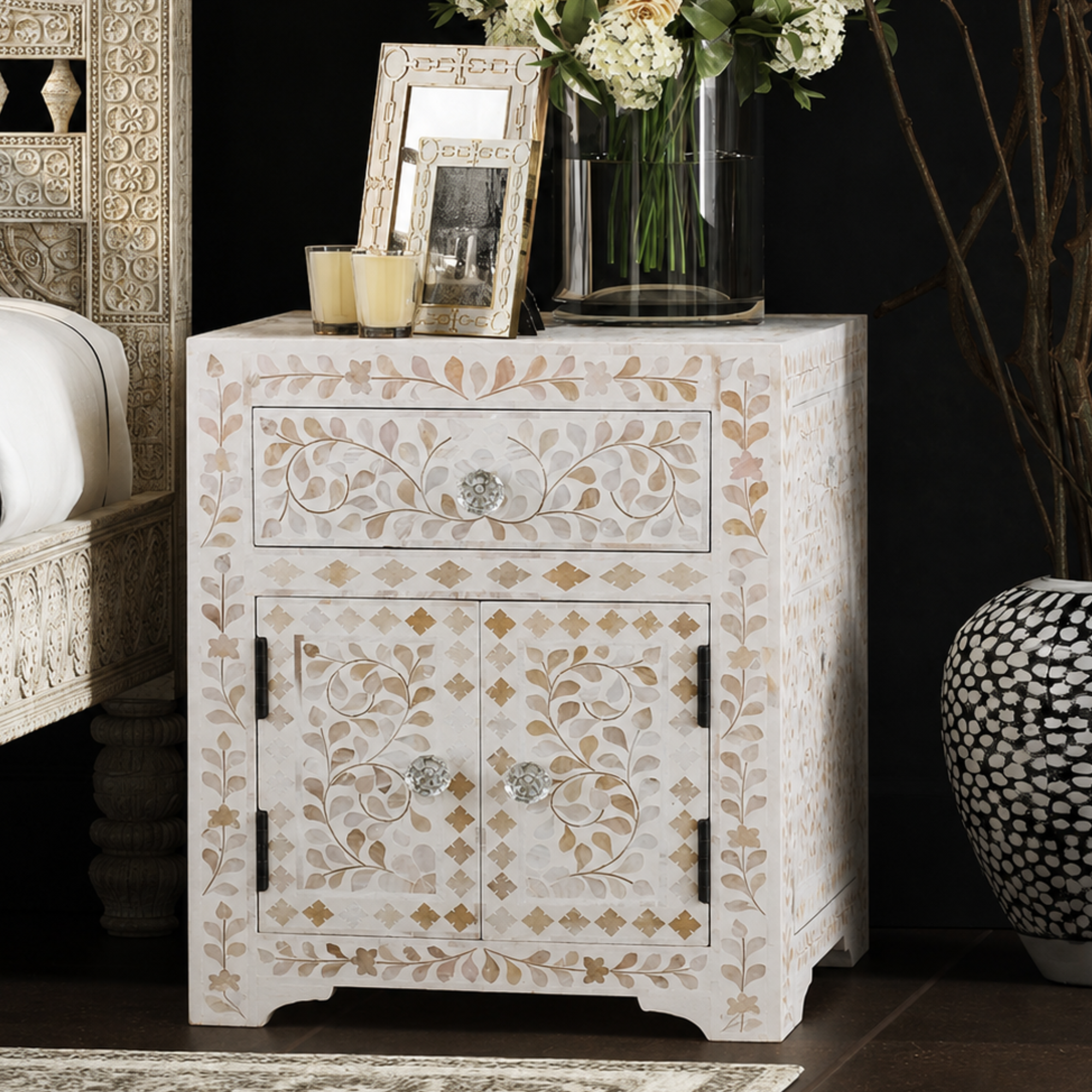Handmade White Mother of Pearl Inlay Bedside Table with Drawer and Cabinet