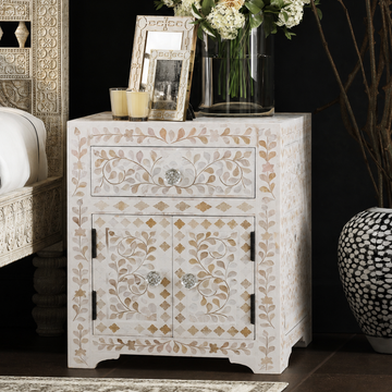 Handmade White Mother of Pearl Inlay Bedside Table with Drawer and Cabinet