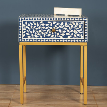 Blue Bone Inlay Bedside Table with Gold Iron Legs | Handmade Nightstand