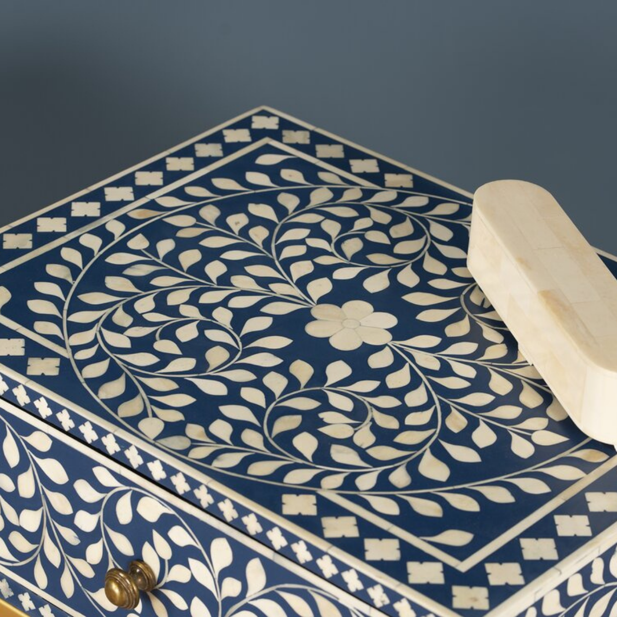 Blue Bone Inlay Bedside Table with Gold Iron Legs | Handmade Nightstand