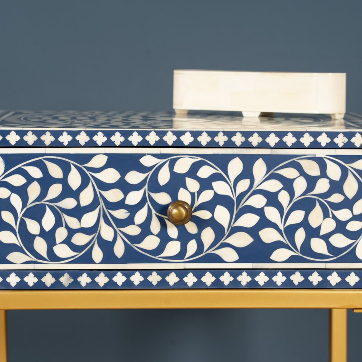 Blue Bone Inlay Bedside Table with Gold Iron Legs | Handmade Nightstand