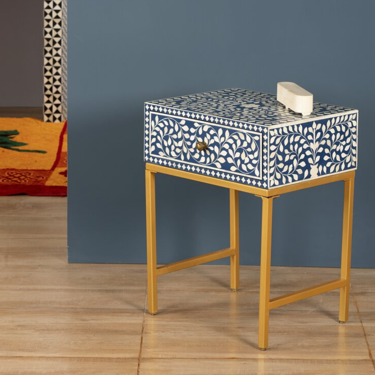Blue Bone Inlay Bedside Table with Gold Iron Legs | Handmade Nightstand