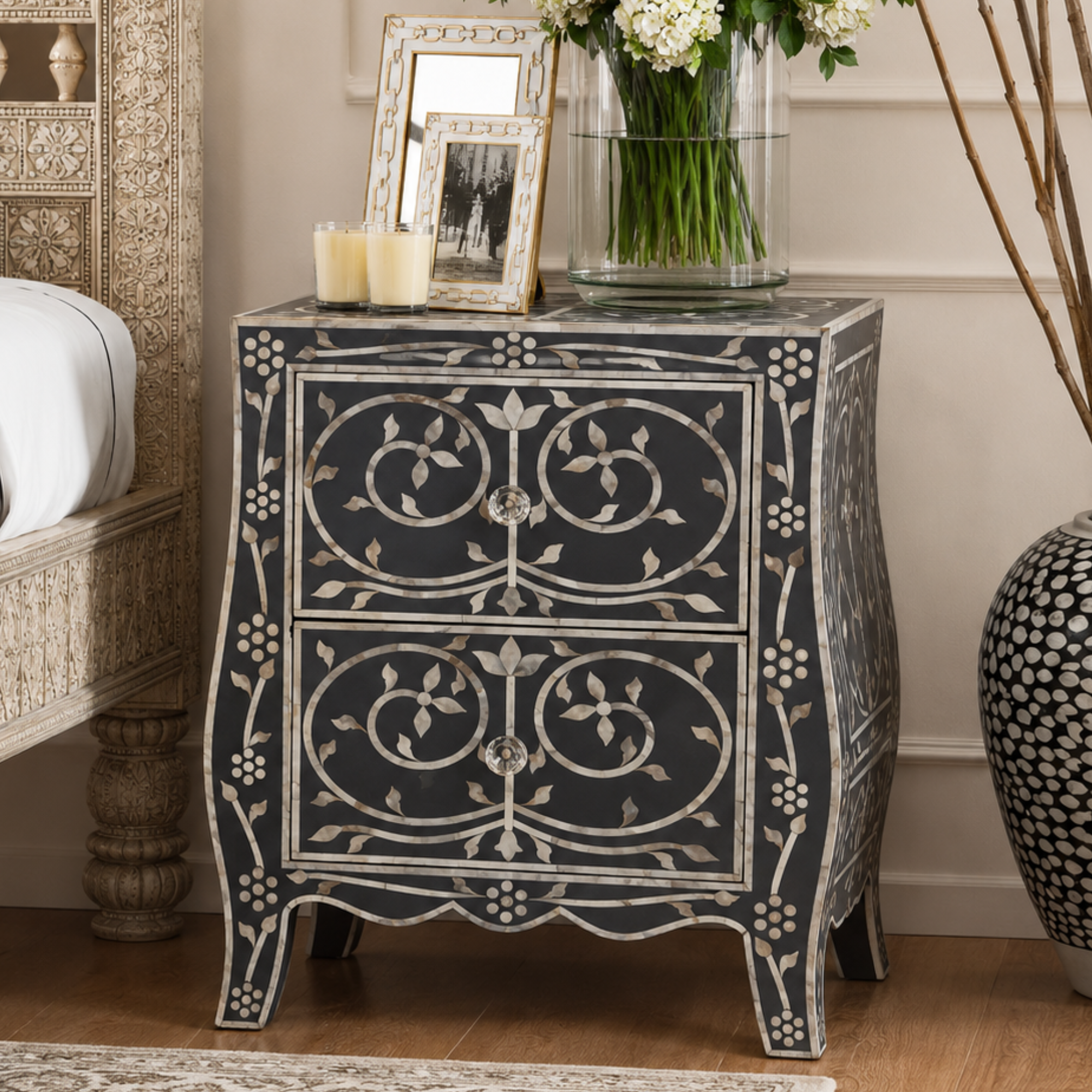 Handmade Black Mother of Pearl Inlay 2 Drawer Bedside Table