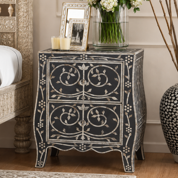 Handmade Black Mother of Pearl Inlay 2 Drawer Bedside Table