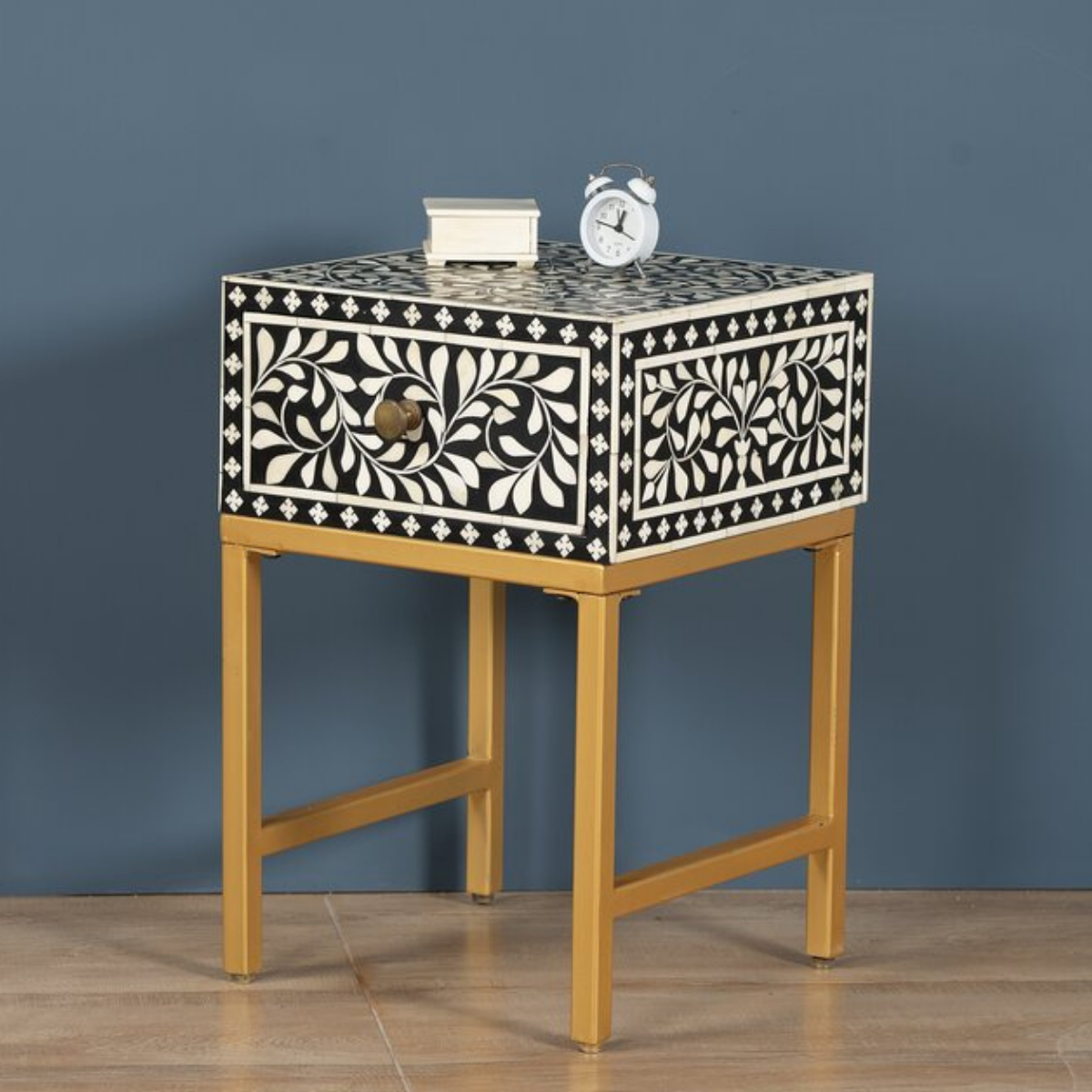Black Bone Inlay Bedside Table with Gold Iron Legs | Handmade Nightstand
