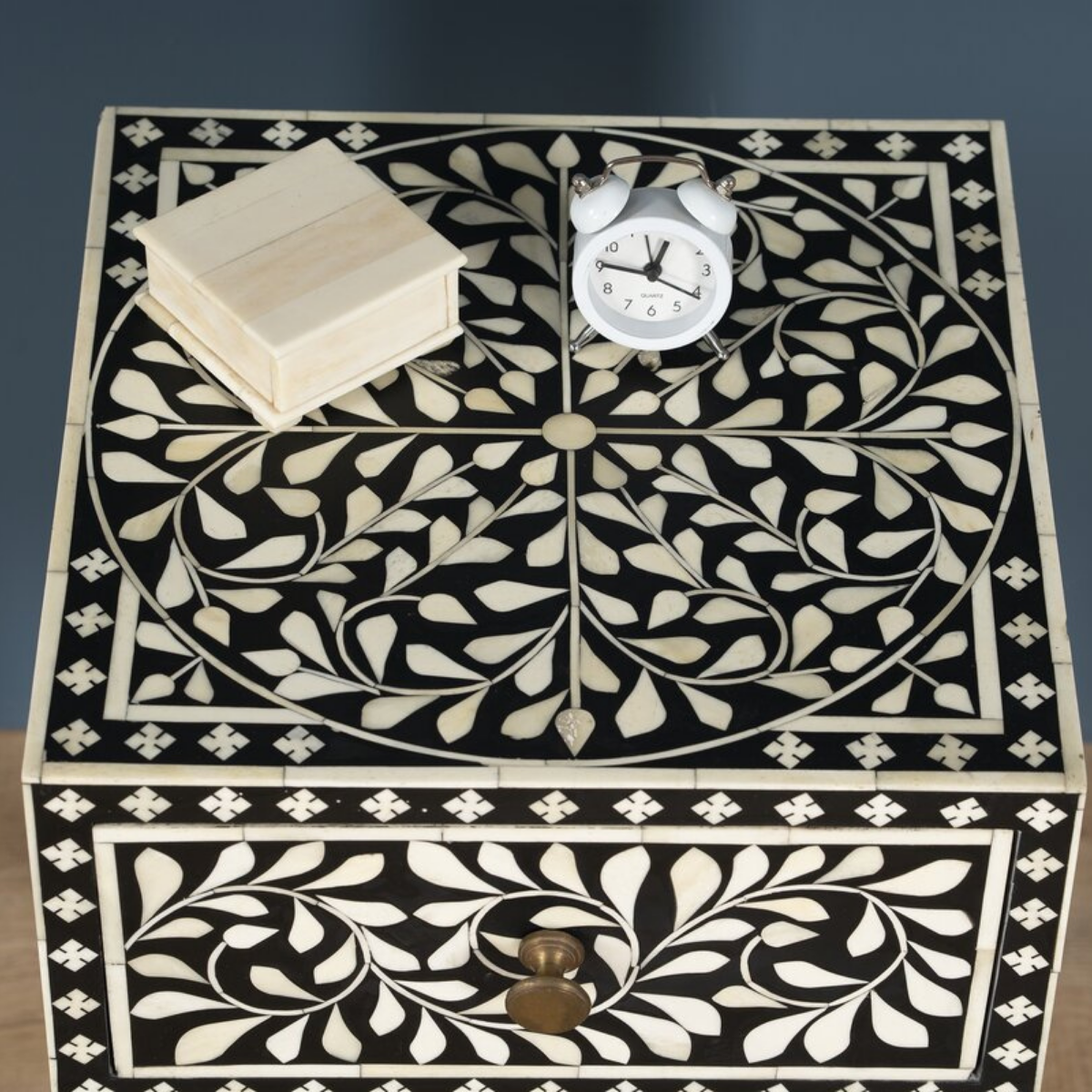 Black Bone Inlay Bedside Table with Gold Iron Legs | Handmade Nightstand