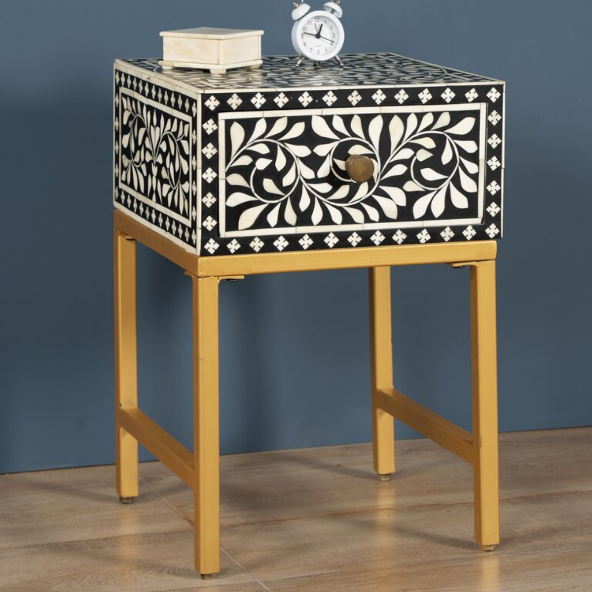 Black Bone Inlay Bedside Table with Gold Iron Legs | Handmade Nightstand
