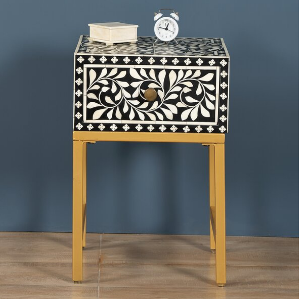 Black Bone Inlay Bedside Table with Gold Iron Legs | Handmade Nightstand