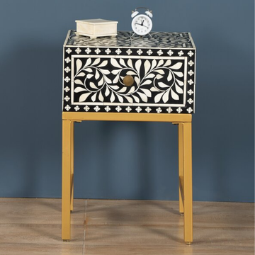 Black Bone Inlay Bedside Table with Gold Iron Legs | Handmade Nightstand