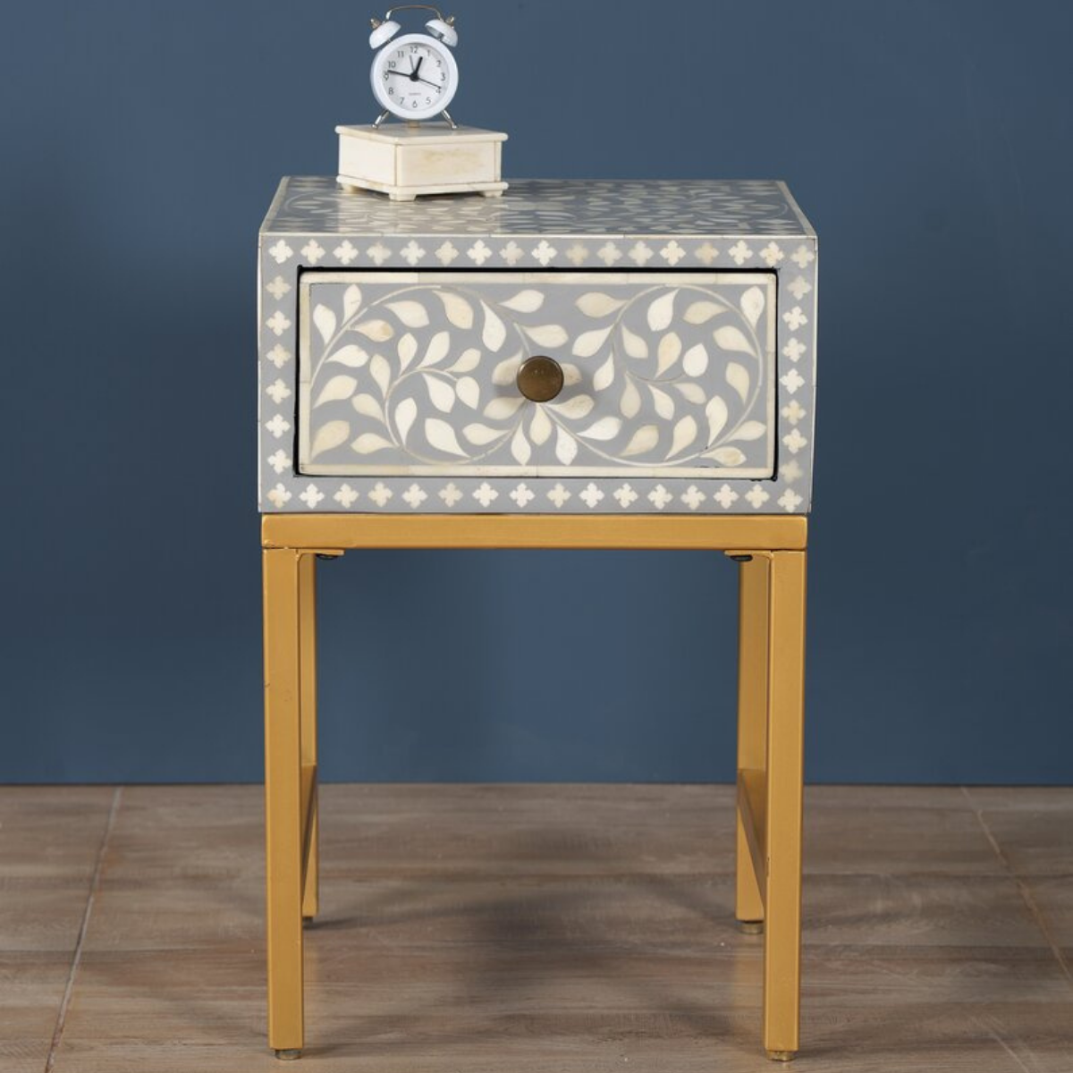 Grey Bone Inlay Bedside Table with Gold Iron Legs | Handmade Nightstand