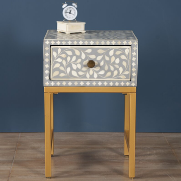 Grey Bone Inlay Bedside Table with Gold Iron Legs | Handmade Nightstand