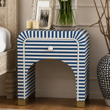 Handmade Blue Bone Inlay Waterfall Bedside Table with Drawer