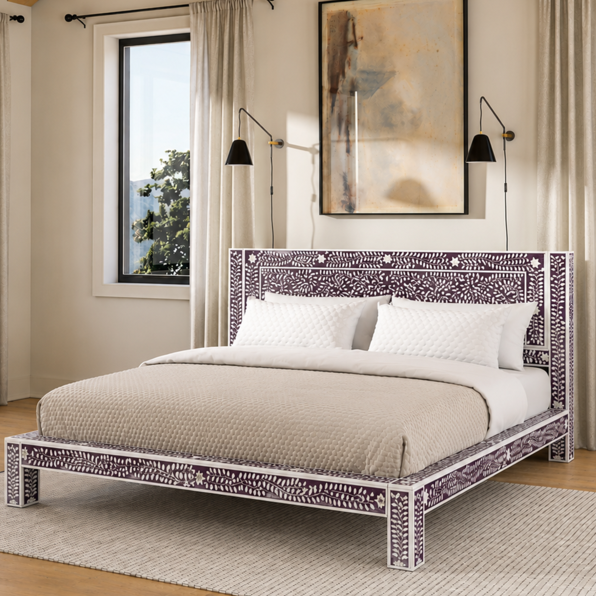 Handmade Purple Bone Inlay Bed Floral Design Luxury Platform Bed Frame