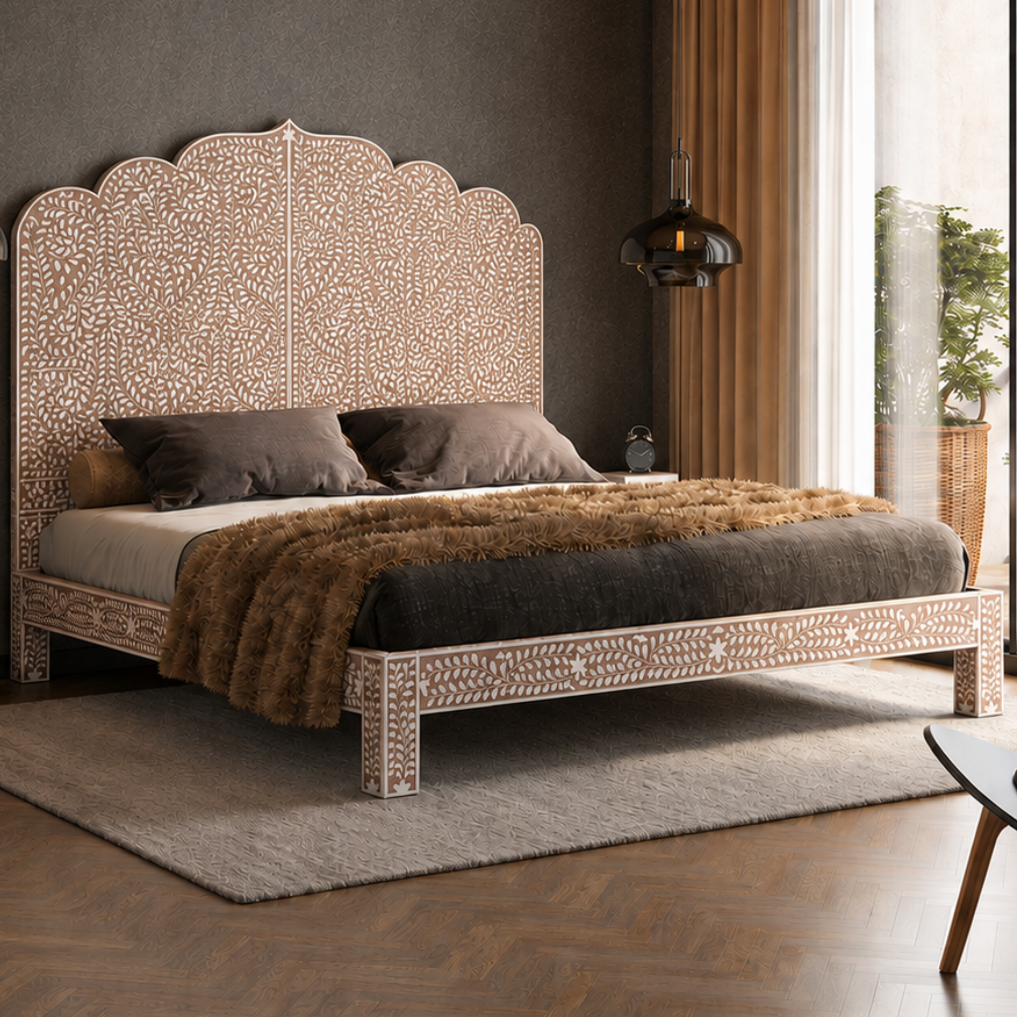 Handmade Bone Inlay Bed Floral Design Luxury Warm Tone Platform Bed Frame