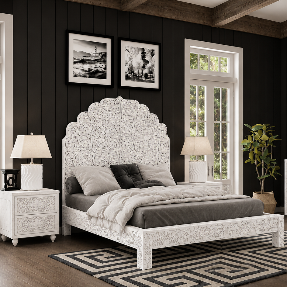 White Mother of Pearl Inlay Bed Frame | Handmade Luxury Floral Bed