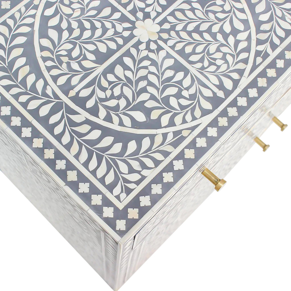 Handmade Bone Inlay Floral Sideboard – Luxury Black White Buffet Cabinet, Artisan Inlay Credenza, Designer Storage Furniture