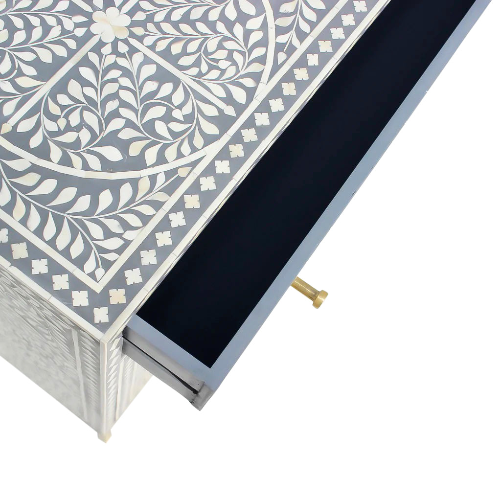 Handmade Bone Inlay Floral Sideboard – Luxury Black White Buffet Cabinet, Artisan Inlay Credenza, Designer Storage Furniture