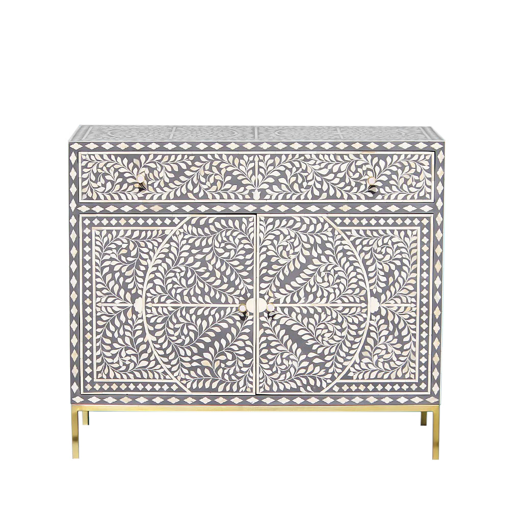 Handmade Bone Inlay Floral Sideboard – Luxury Black White Buffet Cabinet, Artisan Inlay Credenza, Designer Storage Furniture