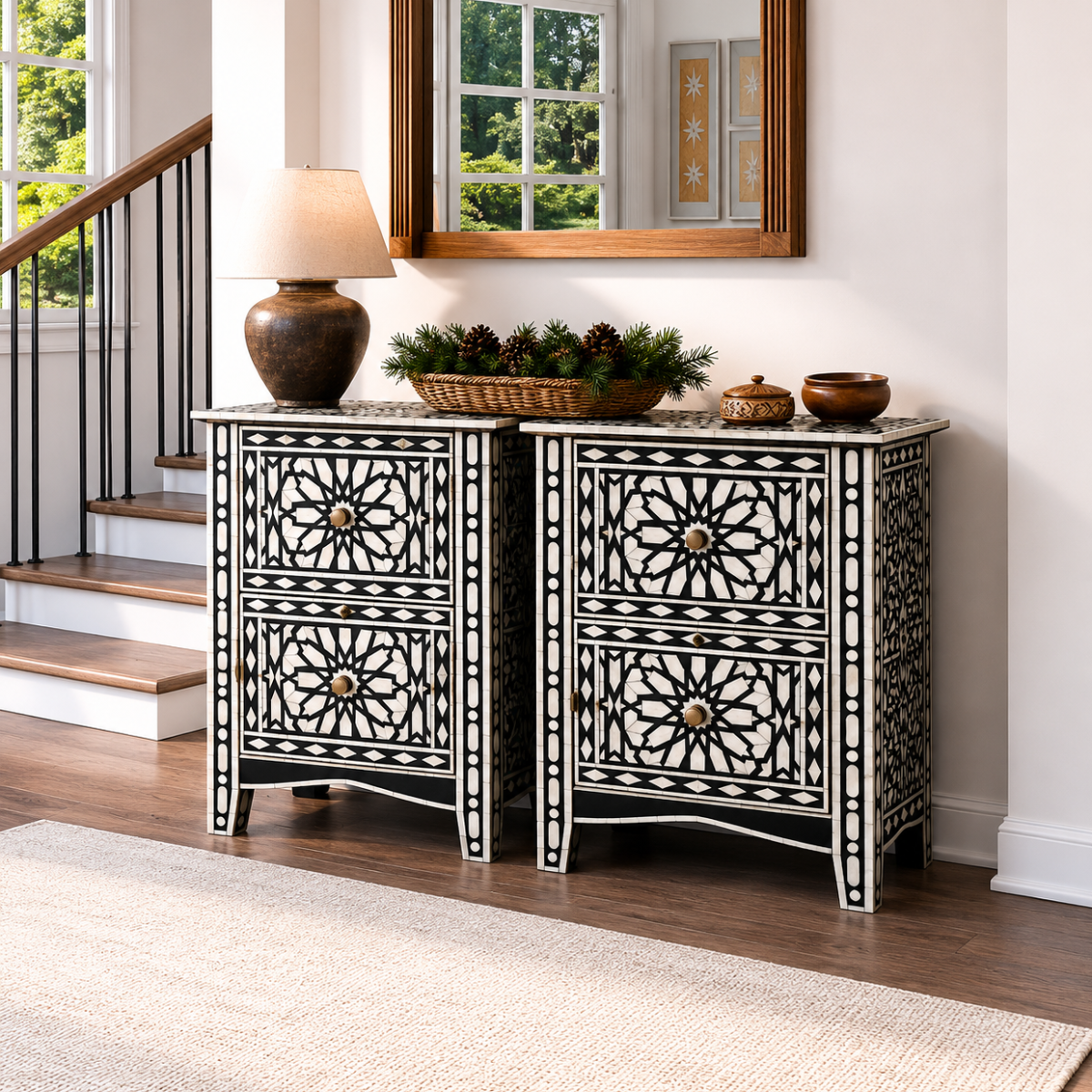 Handmade Black Bone Inlay Bedside Table Set of 2