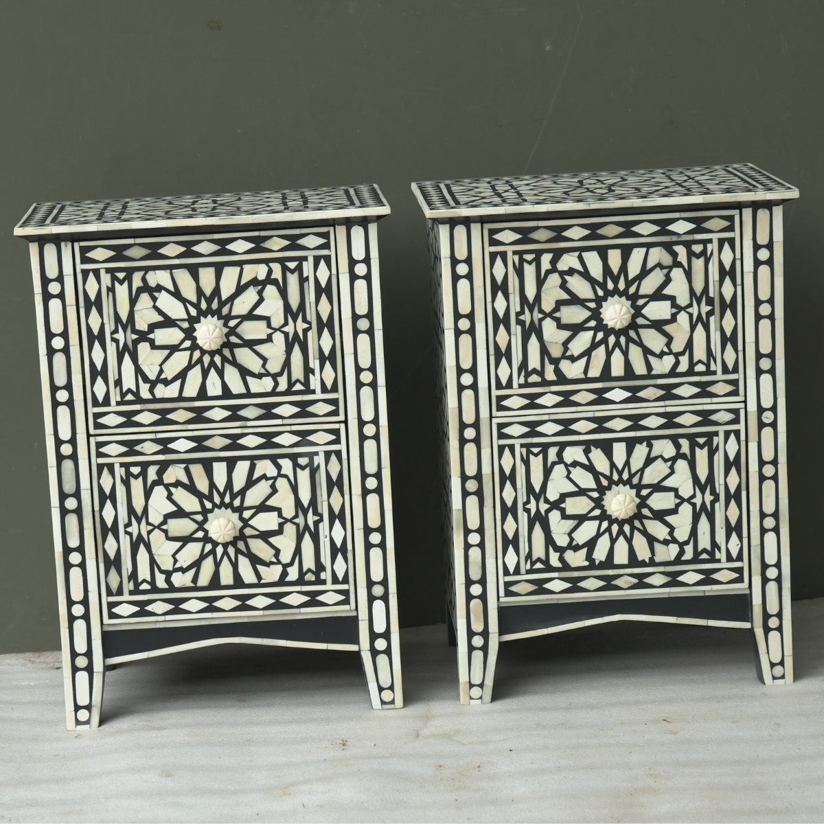 Handmade Black Bone Inlay Bedside Table Set of 2