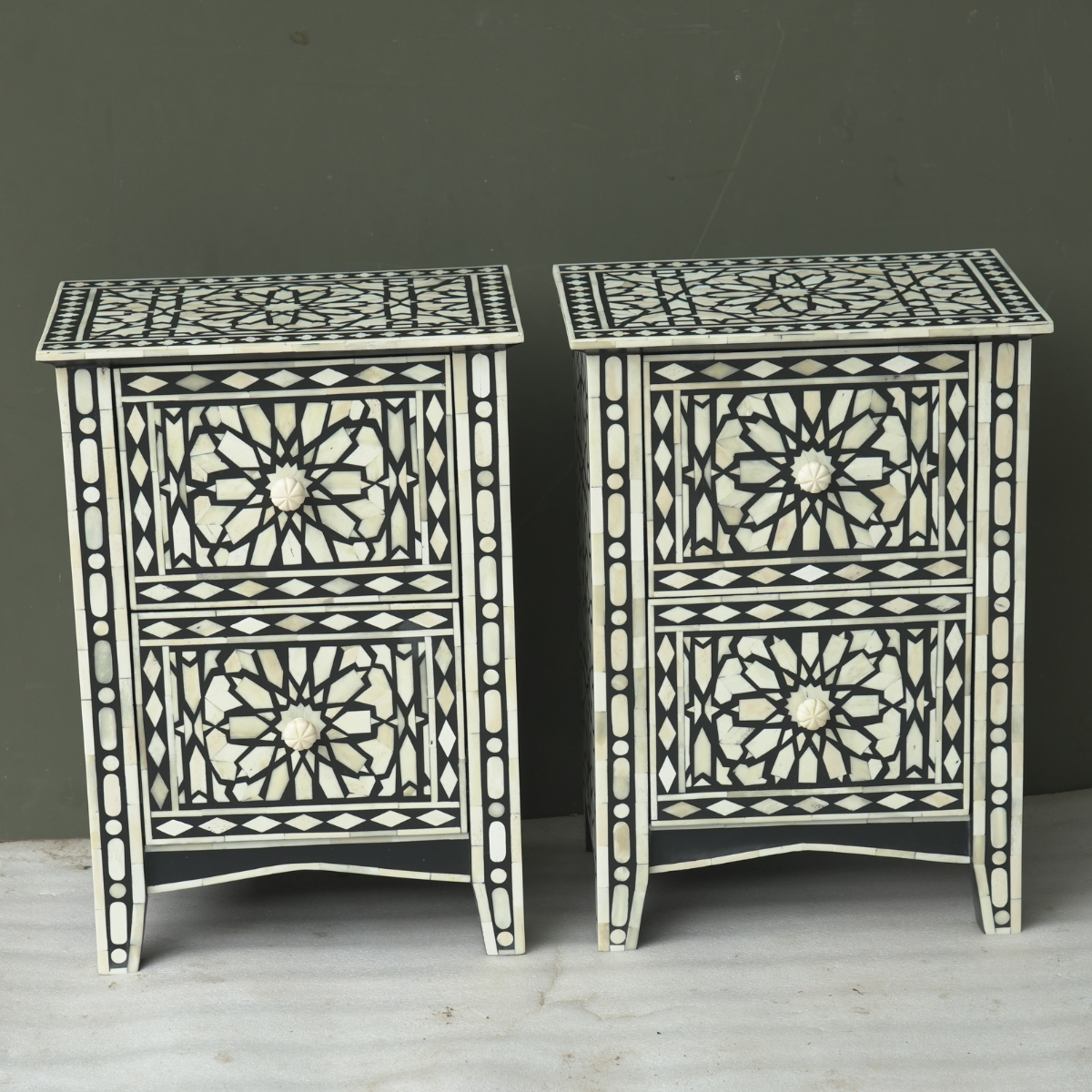 Handmade Black Bone Inlay Bedside Table Set of 2