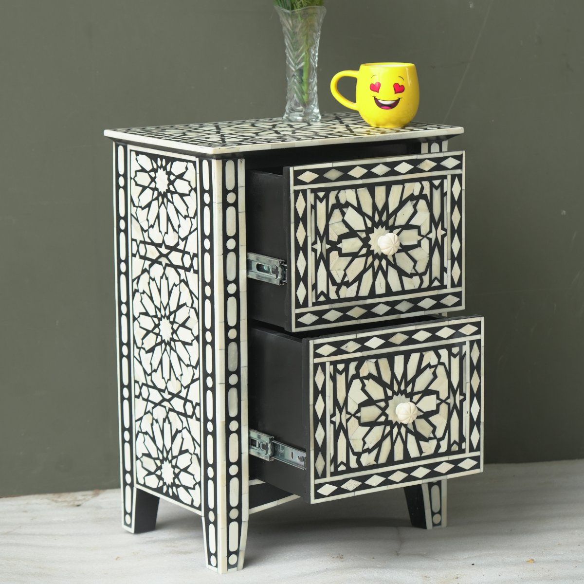 Handmade Black Bone Inlay Bedside Table Set of 2