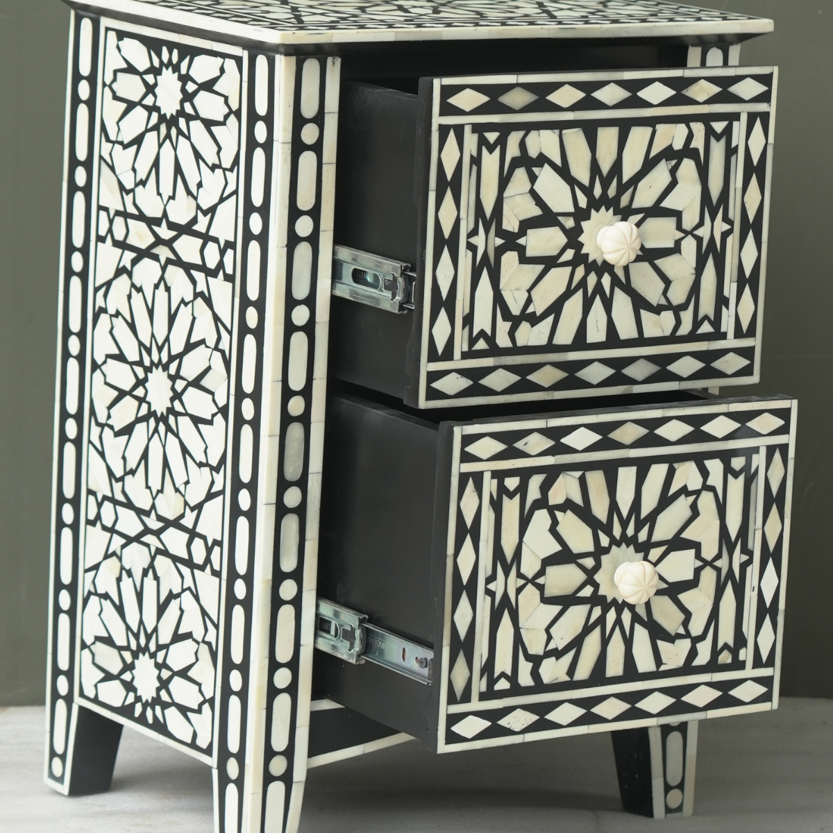 Handmade Black Bone Inlay Bedside Table Set of 2