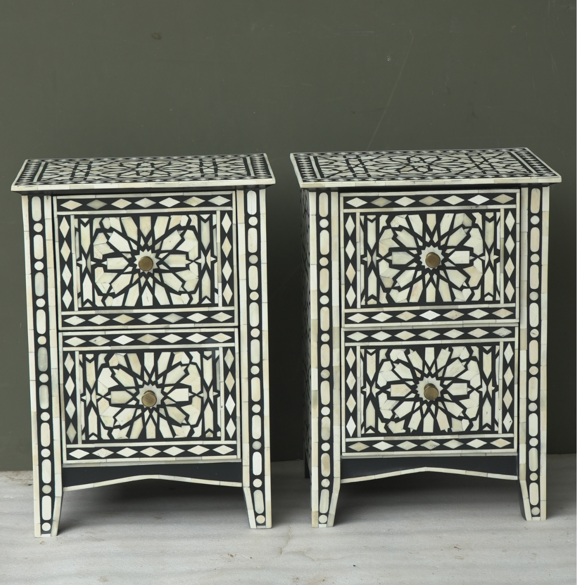 Handmade Black Bone Inlay Bedside Table Set of 2