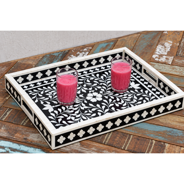 Handmade Black & White Bone Inlay Serving Tray – Floral Design with Handles