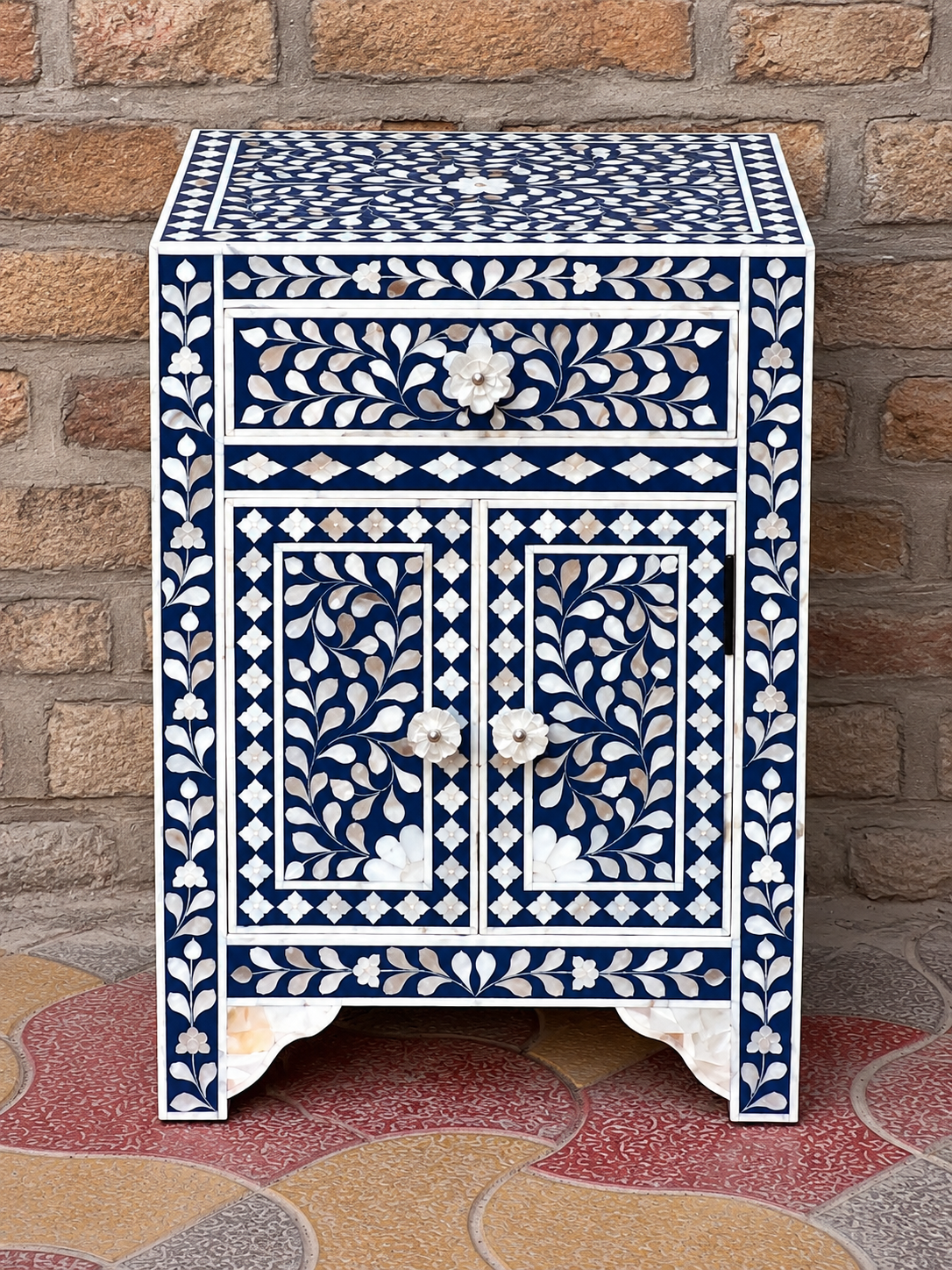 Blue Mother of Pearl inlay cabinet with floral pattern, one drawer and two storage doors