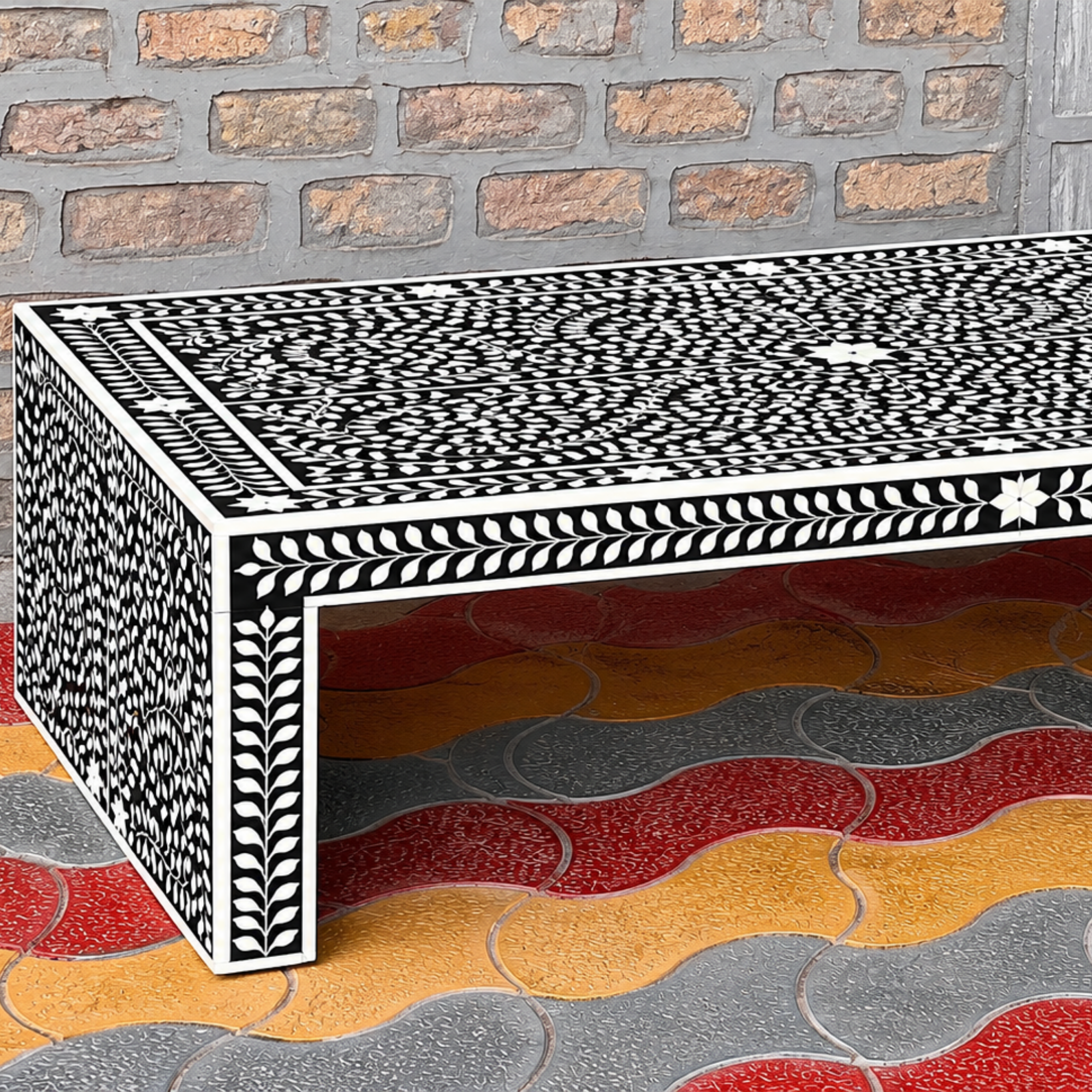 Black Floral Bone Inlay Coffee Table Handmade Rectangle Coffee Table Luxury Bone Inlay Furniture Living Room Table