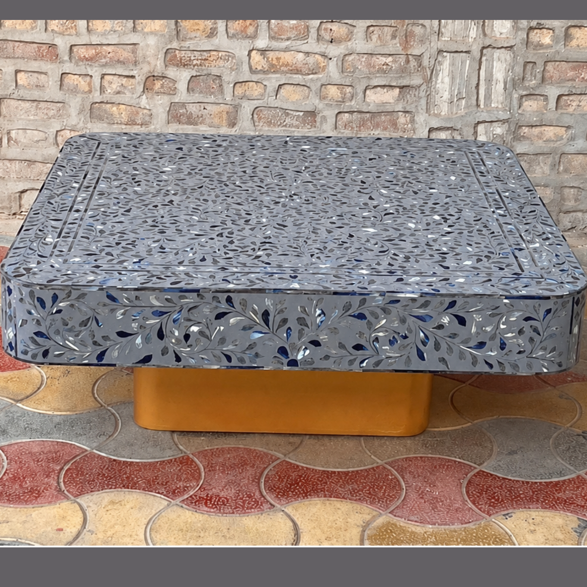 Handmade Grey Mother of Pearl Coffee Table – Floral Rounded Rectangle Table with Gold Base