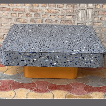 Handmade Grey Mother of Pearl Coffee Table – Floral Rounded Rectangle Table with Gold Base