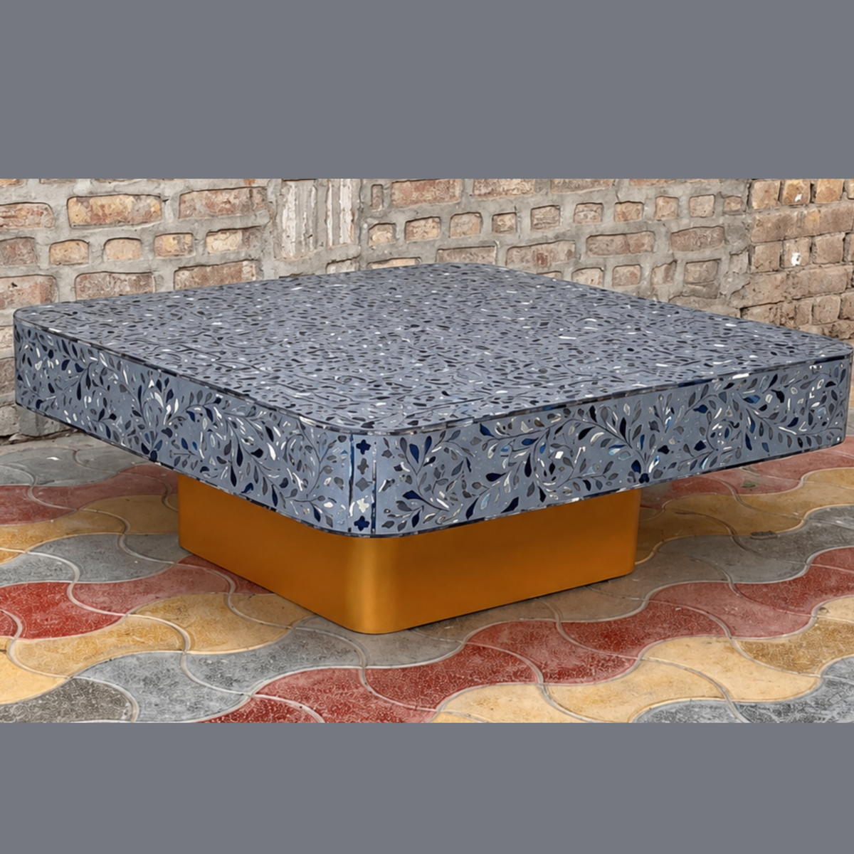 Handmade Grey Mother of Pearl Coffee Table – Floral Rounded Rectangle Table with Gold Base