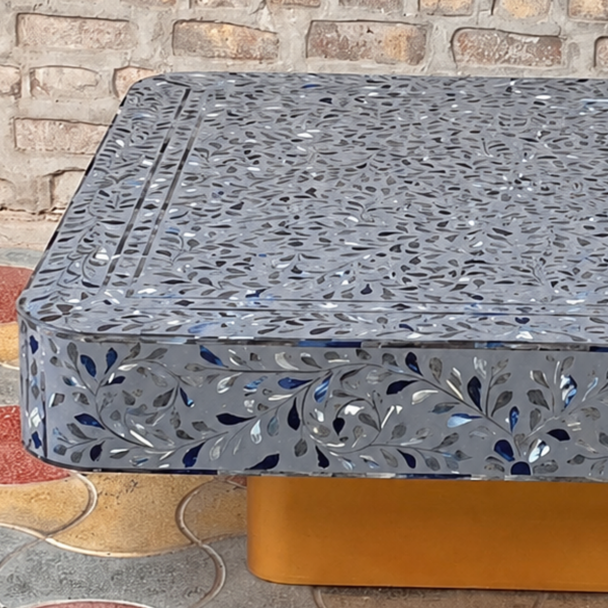 Handmade Grey Mother of Pearl Coffee Table – Floral Rounded Rectangle Table with Gold Base
