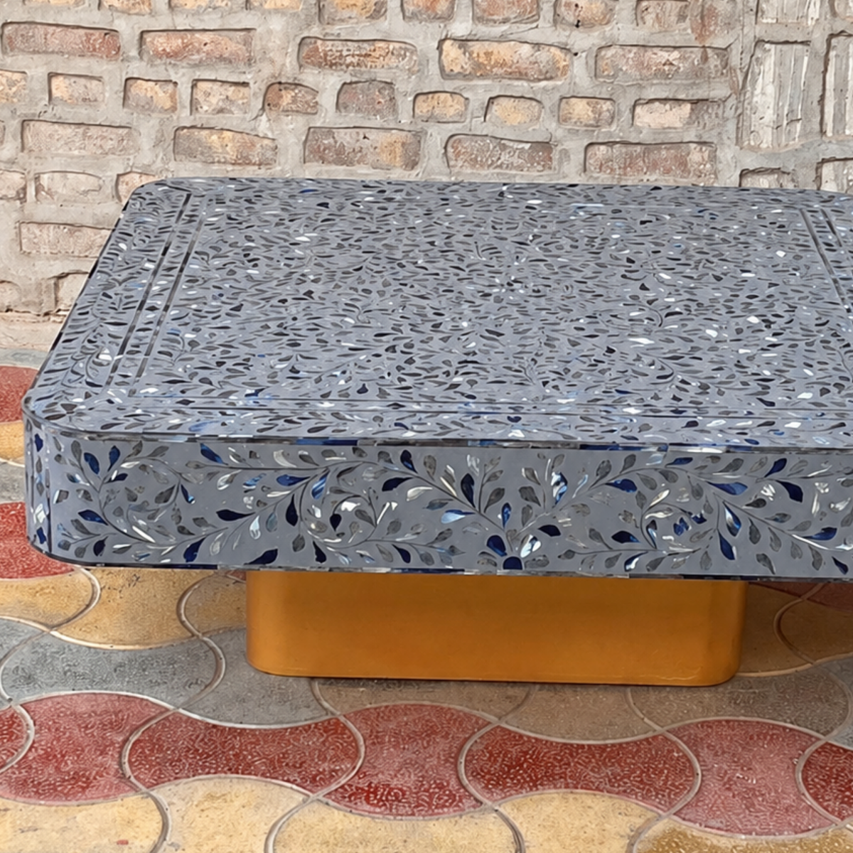 Handmade Grey Mother of Pearl Coffee Table – Floral Rounded Rectangle Table with Gold Base