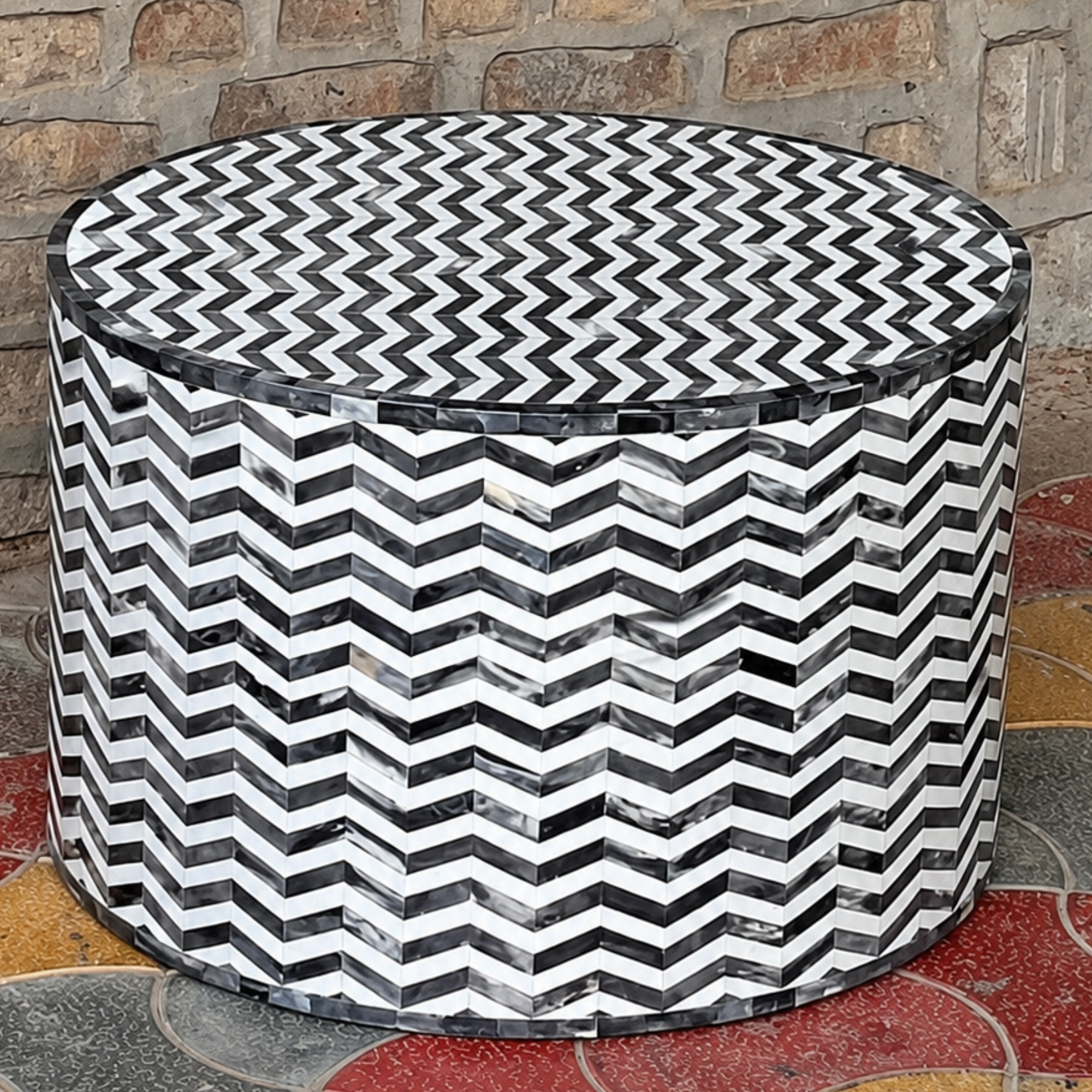 Handmade Black White Chevron Bone Inlay Coffee Table, Round Bone Inlay Coffee Table, Luxury Living Room Furniture
