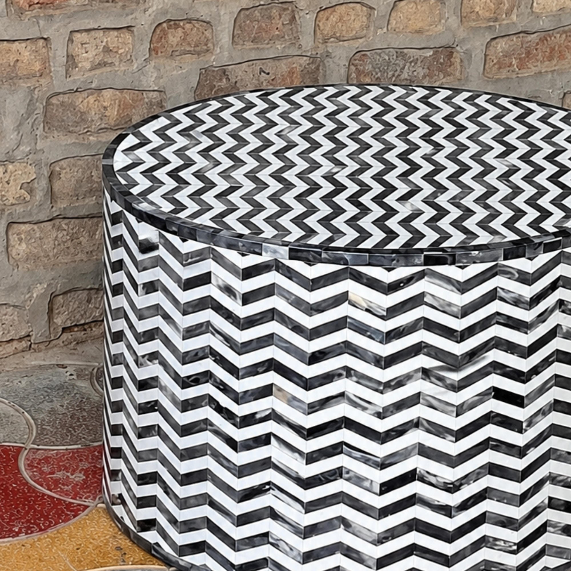 Handmade Black White Chevron Bone Inlay Coffee Table, Round Bone Inlay Coffee Table, Luxury Living Room Furniture