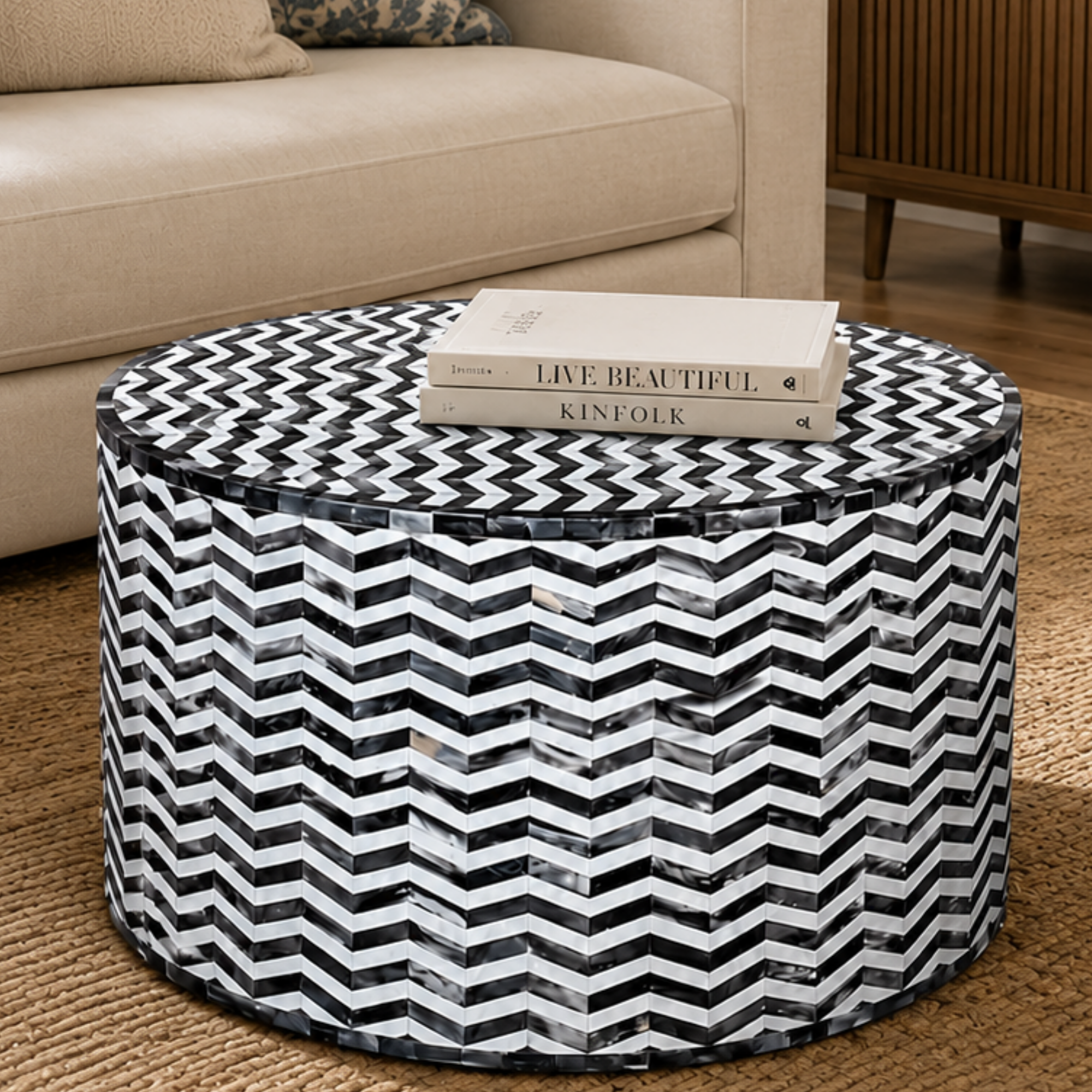 Handmade Black White Chevron Bone Inlay Coffee Table, Round Bone Inlay Coffee Table, Luxury Living Room Furniture