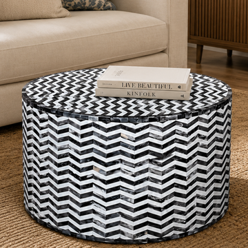 Handmade Black White Chevron Bone Inlay Coffee Table, Round Bone Inlay Coffee Table, Luxury Living Room Furniture