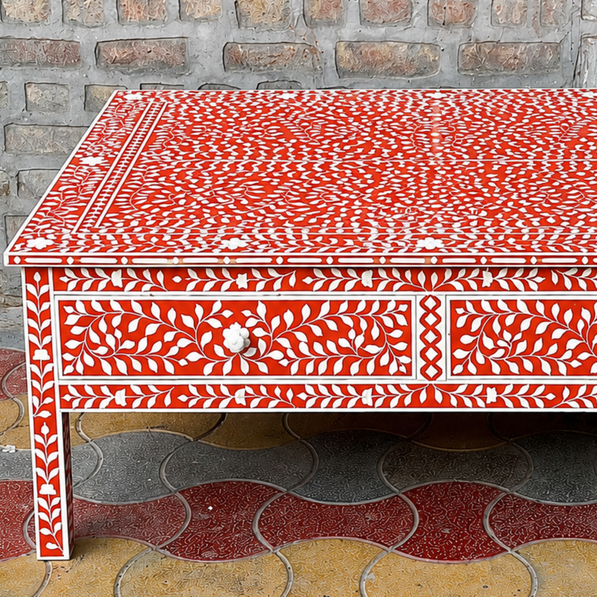 Handmade Red Bone Inlay Coffee Table with Drawers | Floral Pattern Coffee Table | Luxury Living Room Furniture