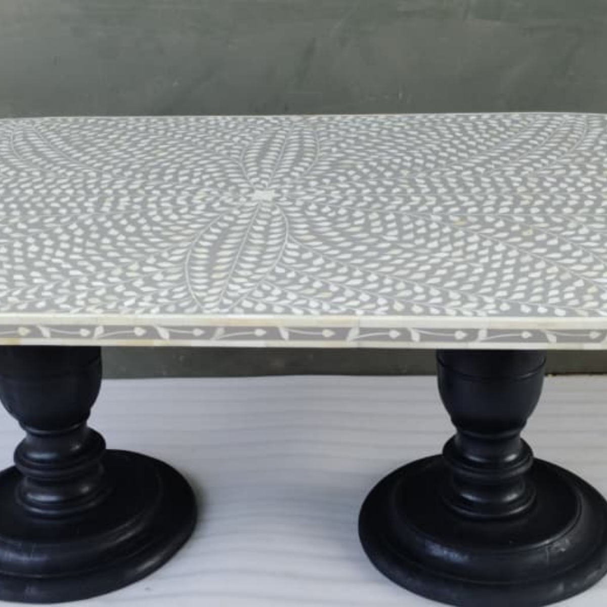 Handmade Grey Bone Inlay Oval Dining Table | Floral Bone Inlay Dining Table